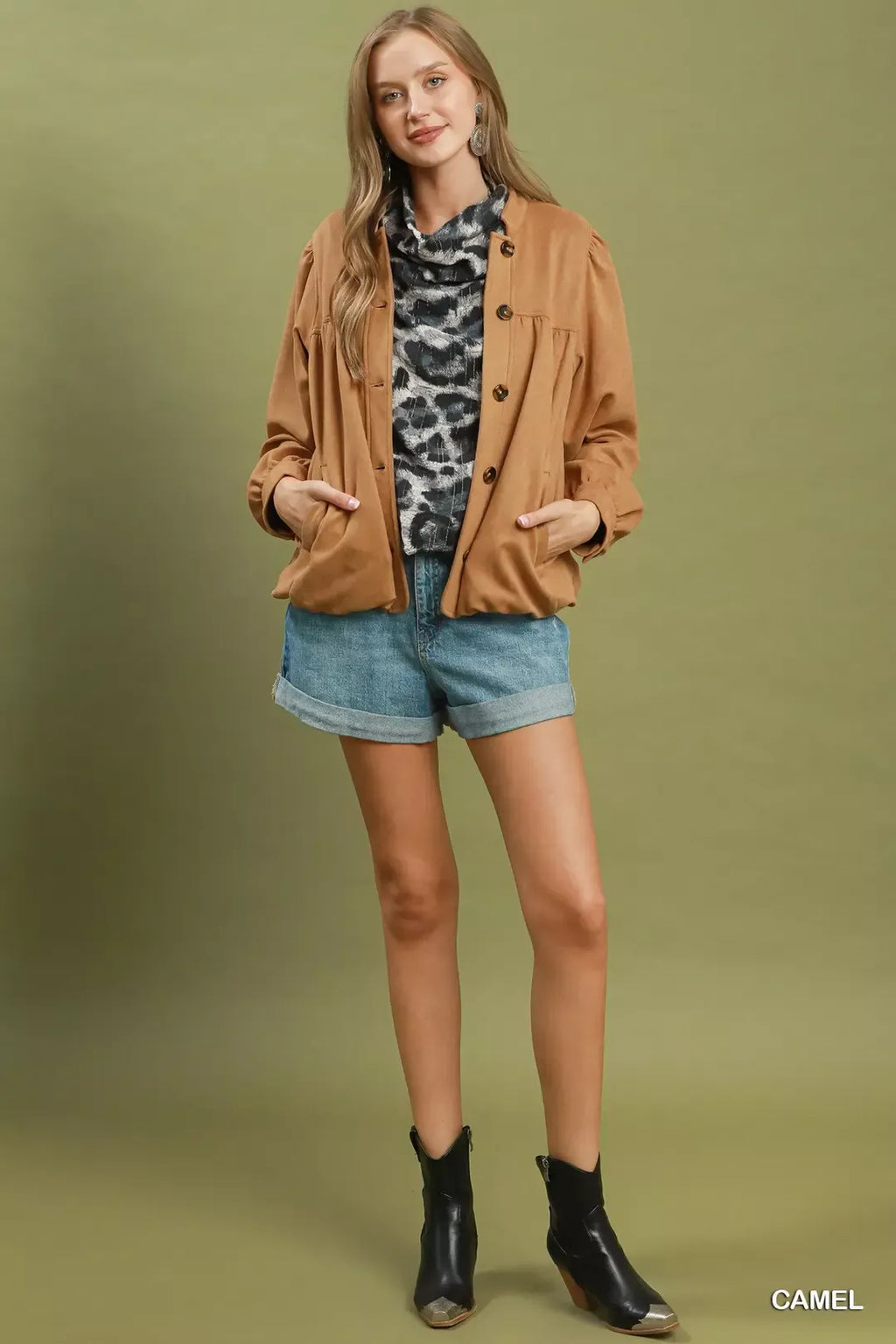 Umgee Suede Button Front Balloon Sleeve Jacket view 5 (layer) - how much does a suede jacket cost, how  - shop at us.meeeshop