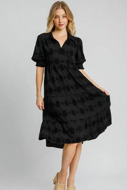 Umgee Swiss Dot Jacquard Tiered Midi Dress Plus Size