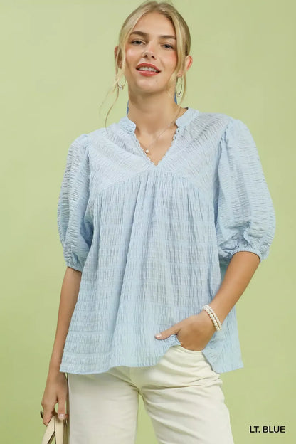 umgee textured puff Umgee Textured Puff Sleeve Blouse LT. BLUE (top) - shop at us.meeeshop