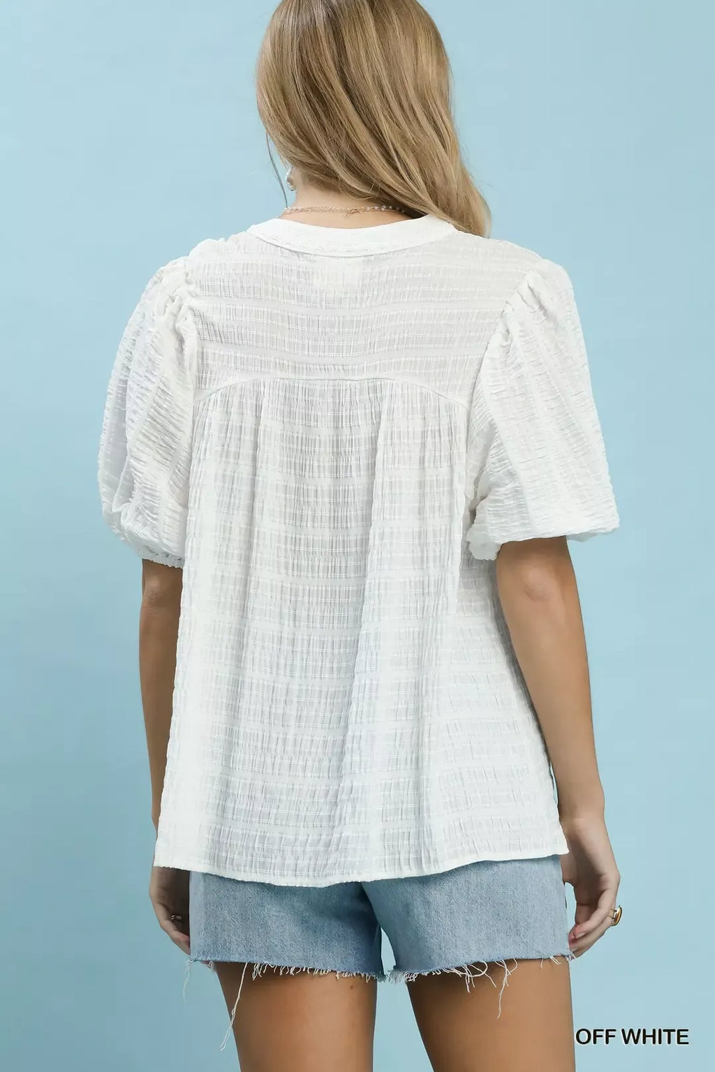 Umgee Textured Puff Sleeve Blouse OFF WHITE view 3 (top) - umgee textured top, umgee textured dress, um - shop at us.meeeshop