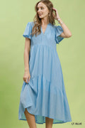 Umgee Textured Tiered Midi Dress with Side Pockets LT. BLUE (dress) - umgee textured set, umgee texture - shop at us.meeeshop