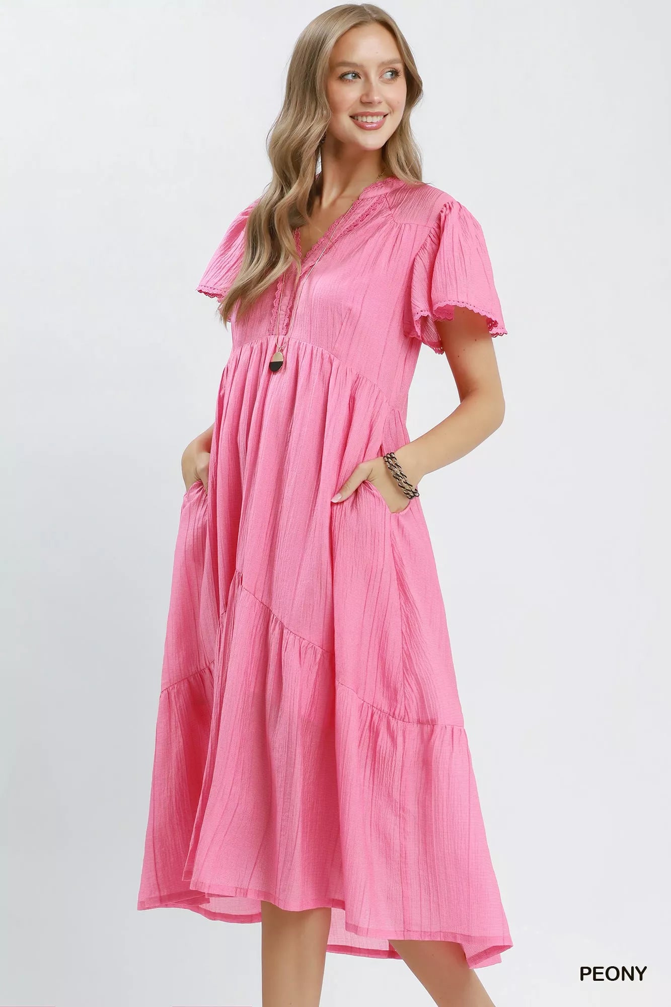 Umgee Textured Tiered Midi Dress with Side Pockets PEONY view 2 (dress) - umgee textured set, umgee tex - shop at us.meeeshop