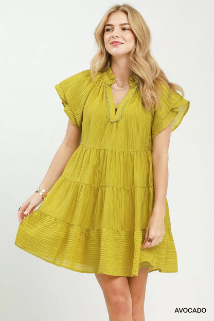 umgee tiered ruffle Umgee Tiered Ruffle Sleeve Textured Mini Dress AVOCADO (dress) - shop at us.meeeshop