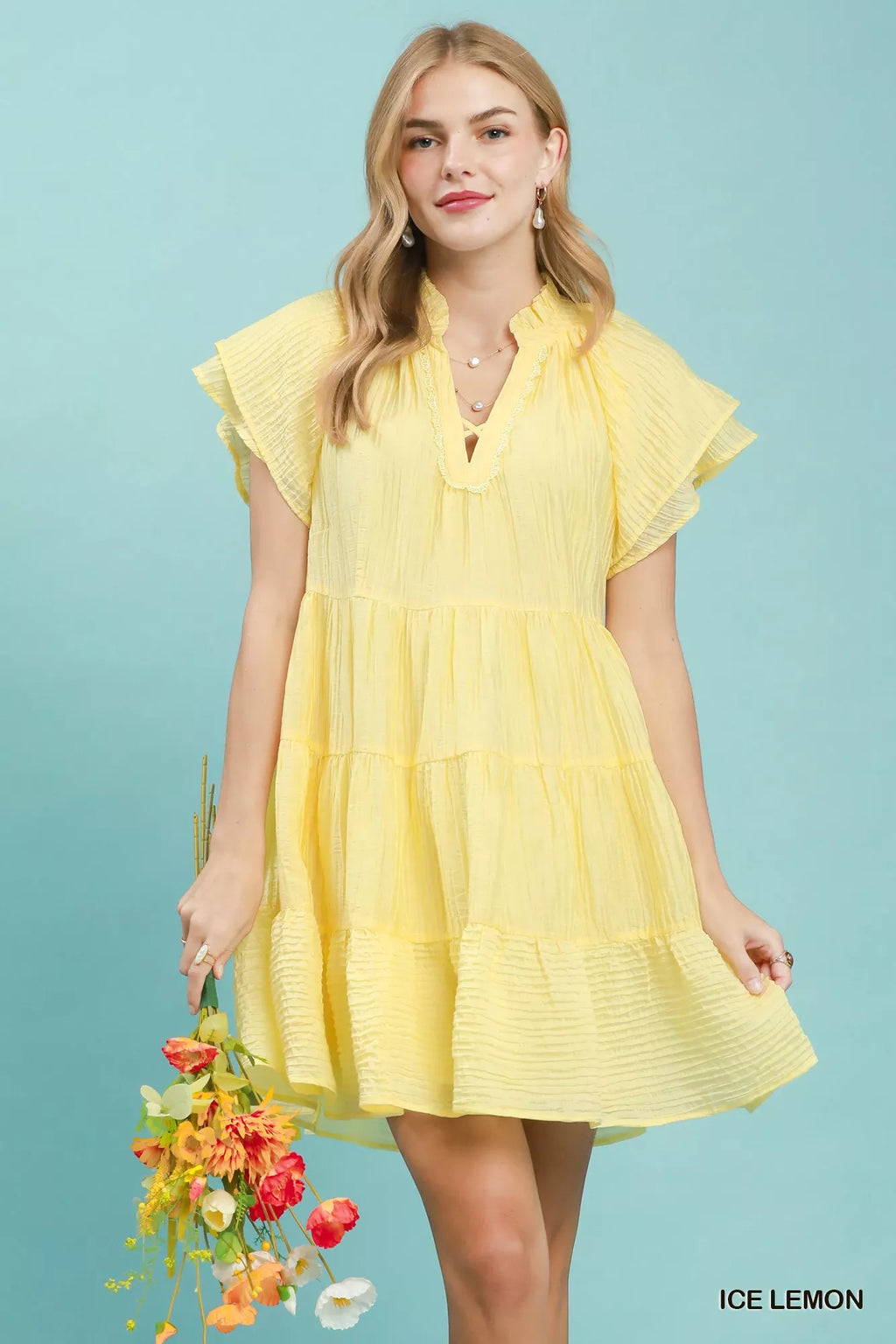 Umgee Tiered Ruffle Sleeve Textured Mini Dress ICE LEMON (dress) - umgee tiered midi dress, umgee tiere - shop at us.meeeshop