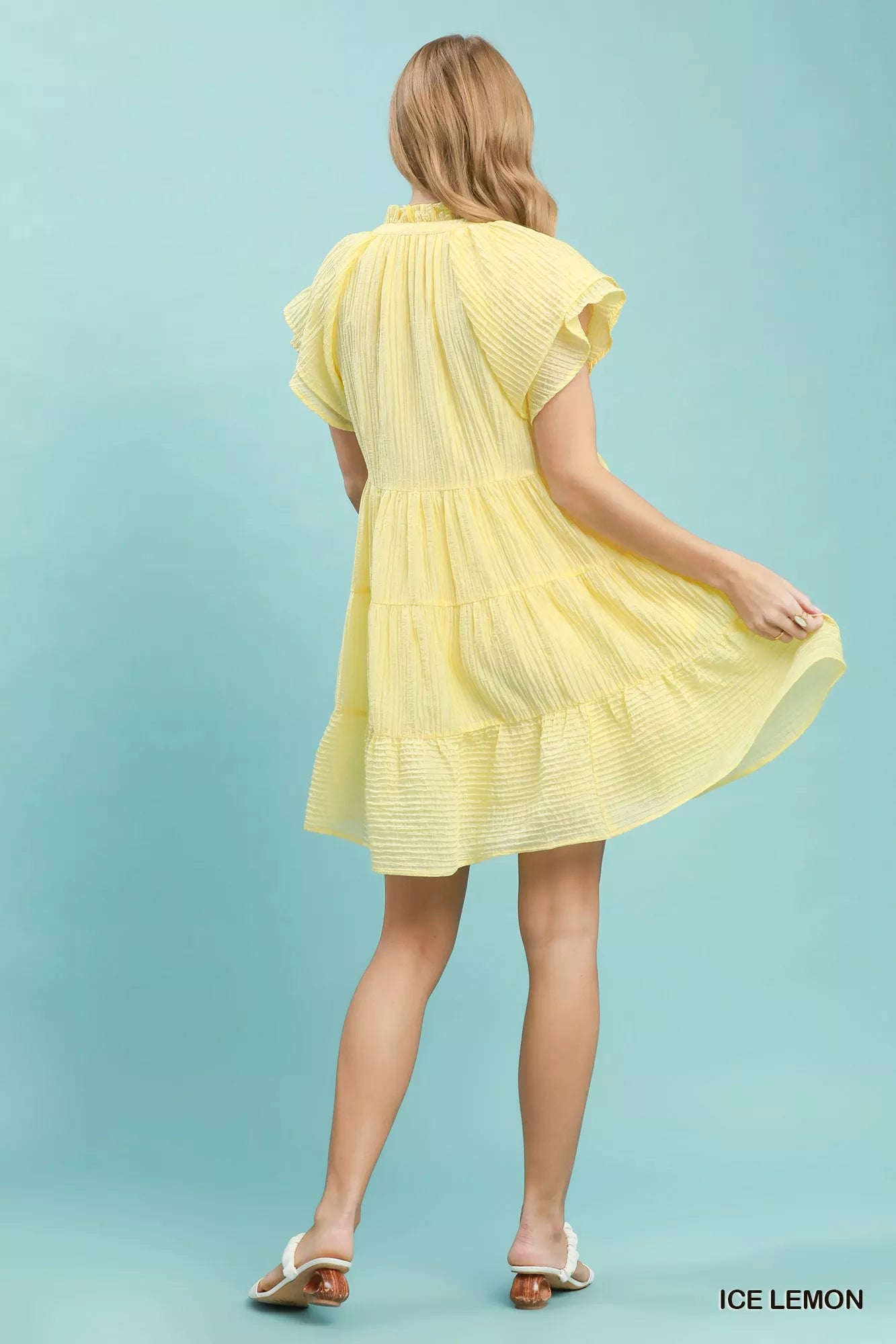 Umgee Tiered Ruffle Sleeve Textured Mini Dress ICE LEMON view 3 (dress) - umgee tiered midi dress, umge - shop at us.meeeshop