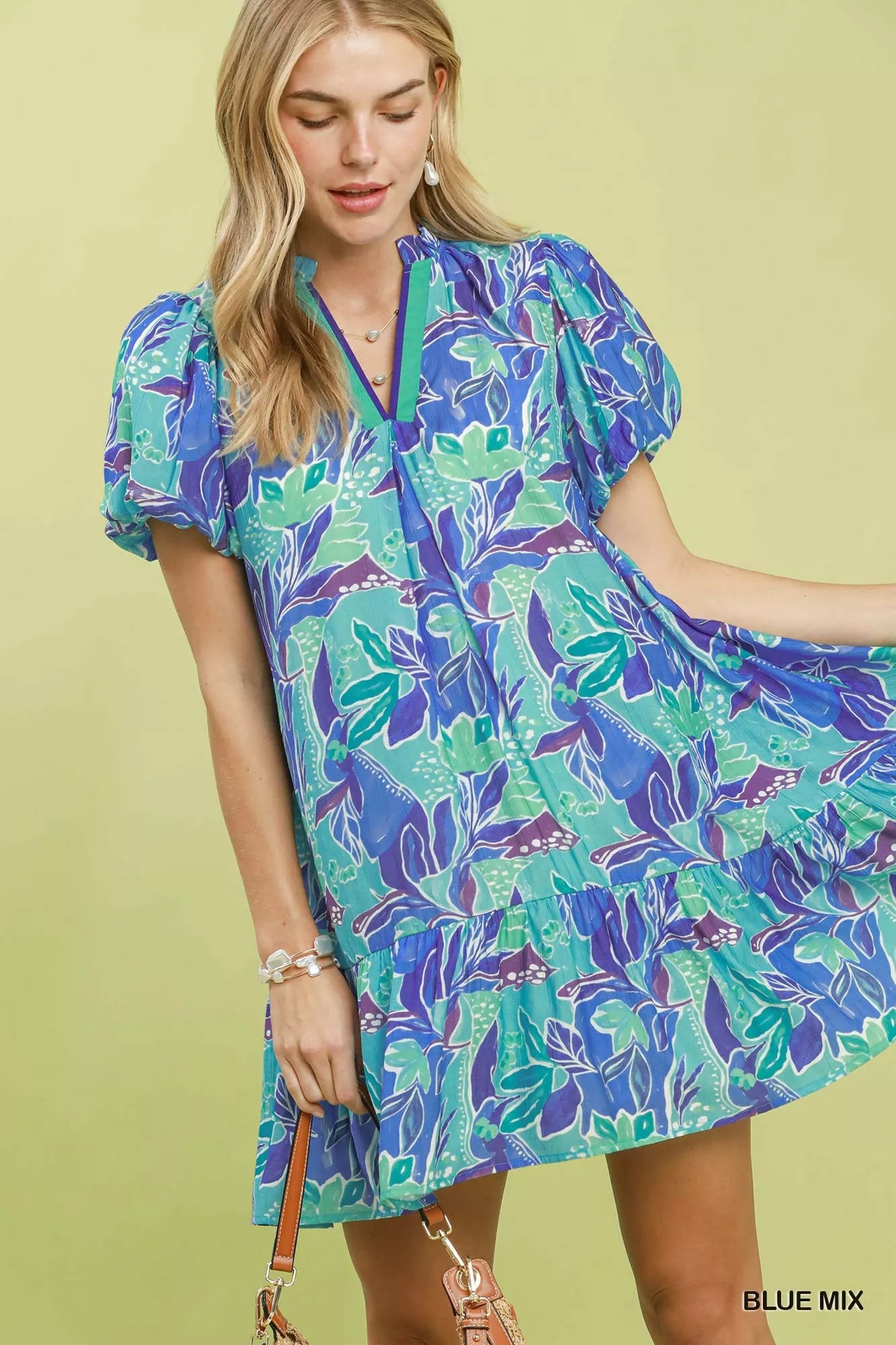 Umgee Tropical Floral Puff Sleeve Tiered Mini Dress BLUE MIX (dress) - umgee floral dress, umgee tropic - shop at us.meeeshop