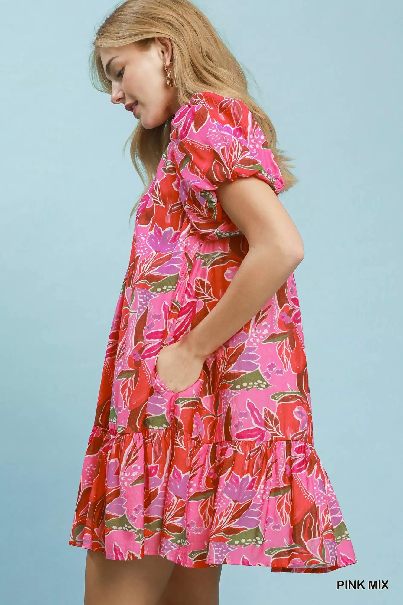 Umgee Tropical Floral Puff Sleeve Tiered Mini Dress PINK MIX view 2 (dress) - umgee floral dress, umgee - shop at us.meeeshop