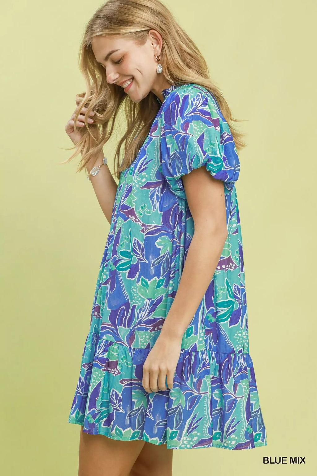 Umgee Tropical Floral Puff Sleeve Tiered Mini Dress BLUE MIX view 2 (dress) - umgee floral dress, umgee - shop at us.meeeshop
