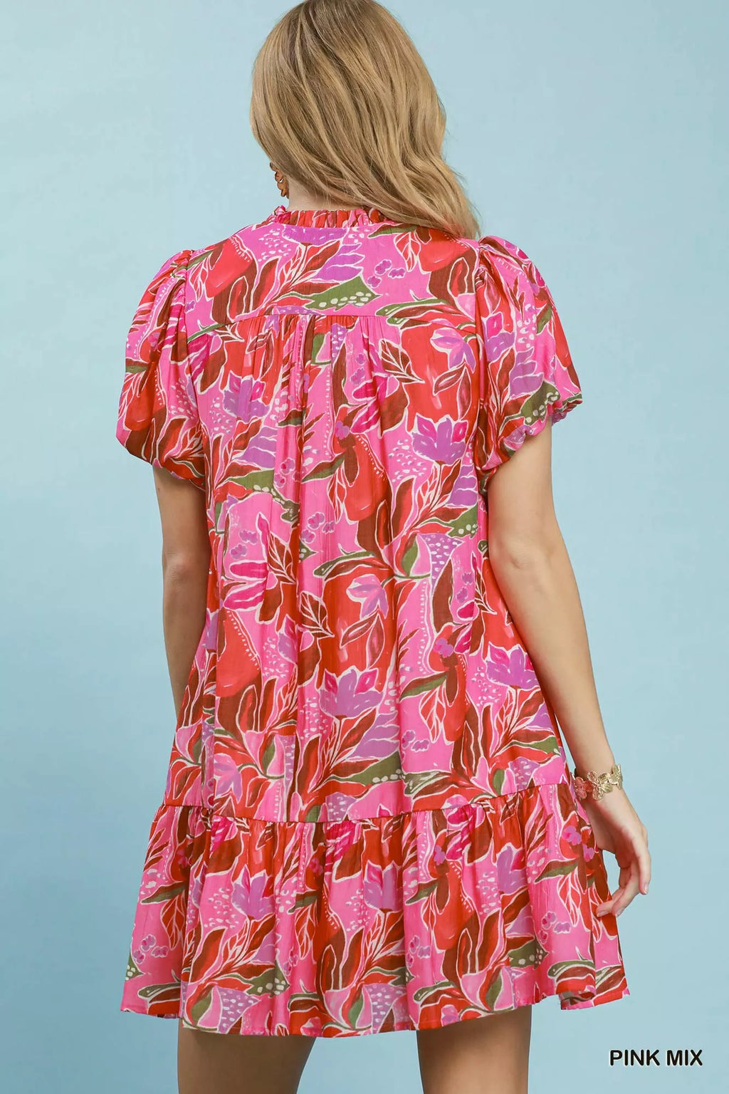 Umgee Tropical Floral Puff Sleeve Tiered Mini Dress PINK MIX view 3 (dress) - umgee floral dress, umgee - shop at us.meeeshop