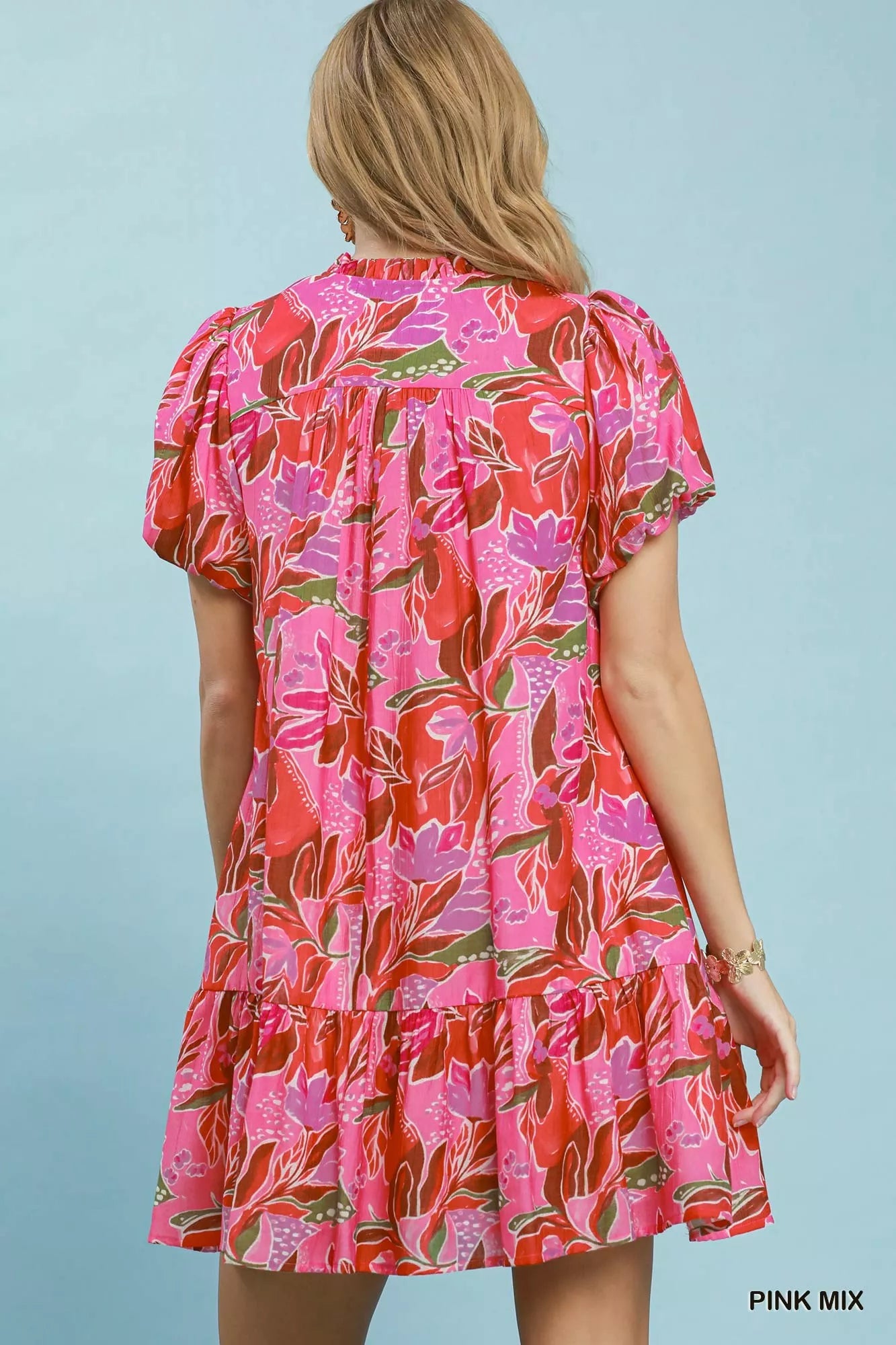 Umgee Tropical Floral Puff Sleeve Tiered Mini Dress PINK MIX view 3 (dress) - umgee floral dress, umgee - shop at us.meeeshop