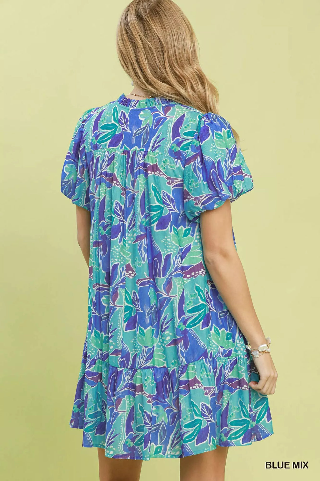 Umgee Tropical Floral Puff Sleeve Tiered Mini Dress BLUE MIX view 3 (dress) - umgee floral dress, umgee - shop at us.meeeshop