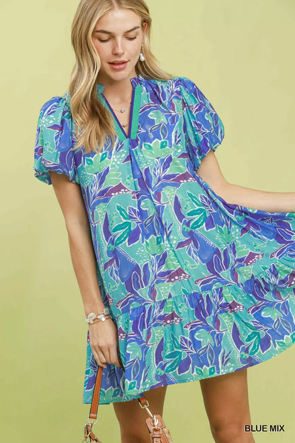 umgee tropical floral Umgee Tropical Floral Puff Sleeve Tiered Mini Dress BLUE MIX (dress) - shop at us.meeeshop