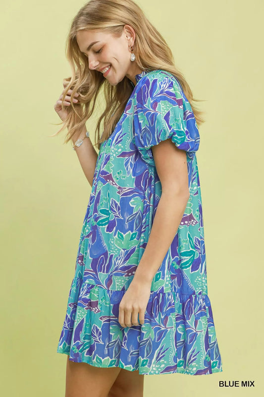 umgee tropical floral Umgee Tropical Floral Puff Sleeve Tiered Mini Dress view 2 (dress) - shop at us.meeeshop