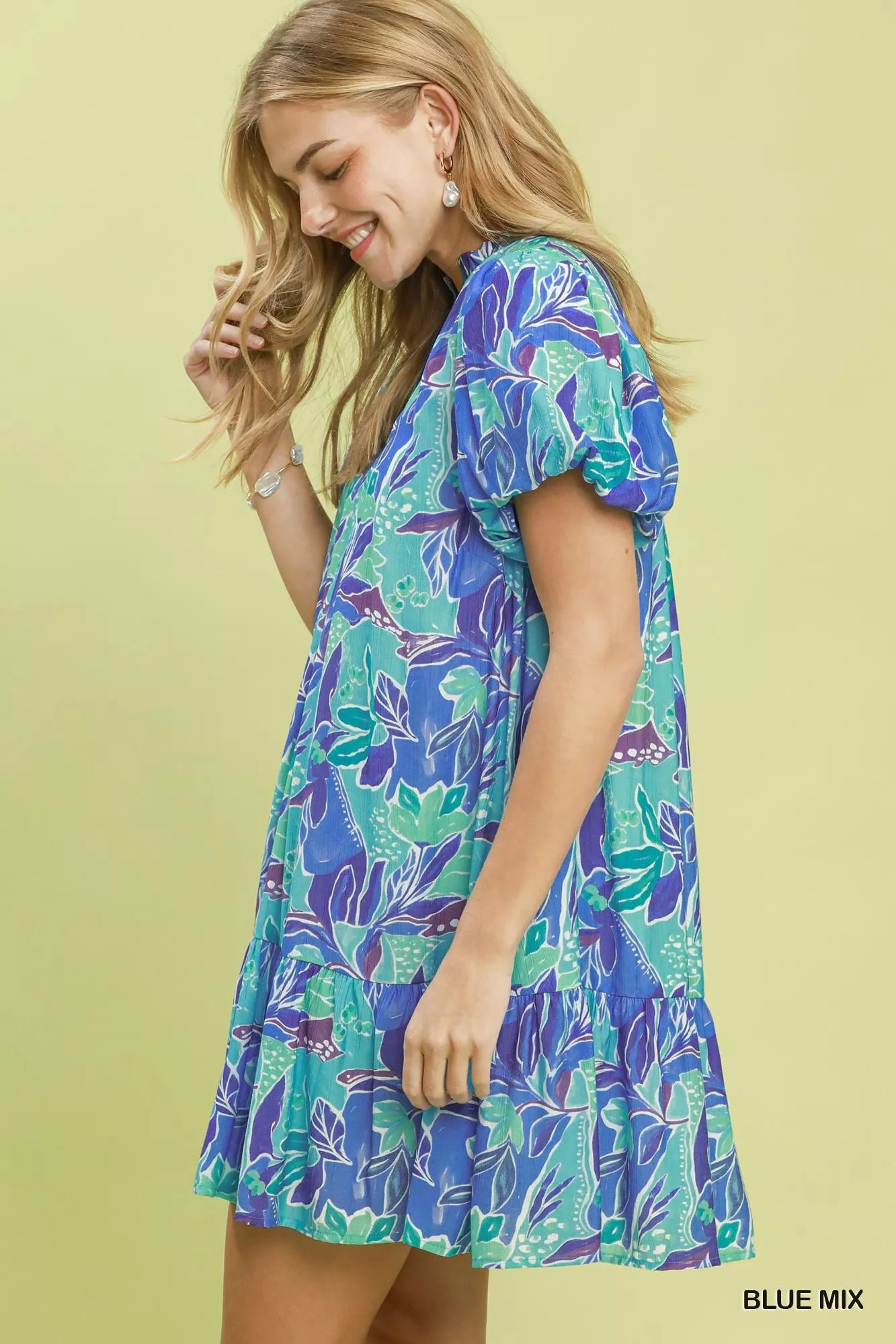 umgee tropical floral Umgee Tropical Floral Puff Sleeve Tiered Mini Dress view 2 (dress) - shop at us.meeeshop
