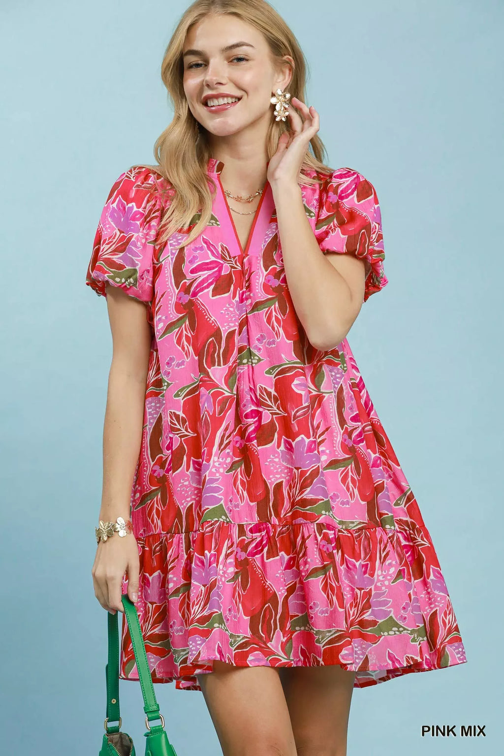 Umgee Tropical Floral Puff Sleeve Tiered Mini Dress PINK MIX (dress) - umgee floral dress, umgee tropic - shop at us.meeeshop