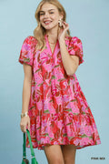 Umgee Tropical Floral Puff Sleeve Tiered Mini Dress PINK MIX (dress) - umgee floral dress, umgee tropic - shop at us.meeeshop