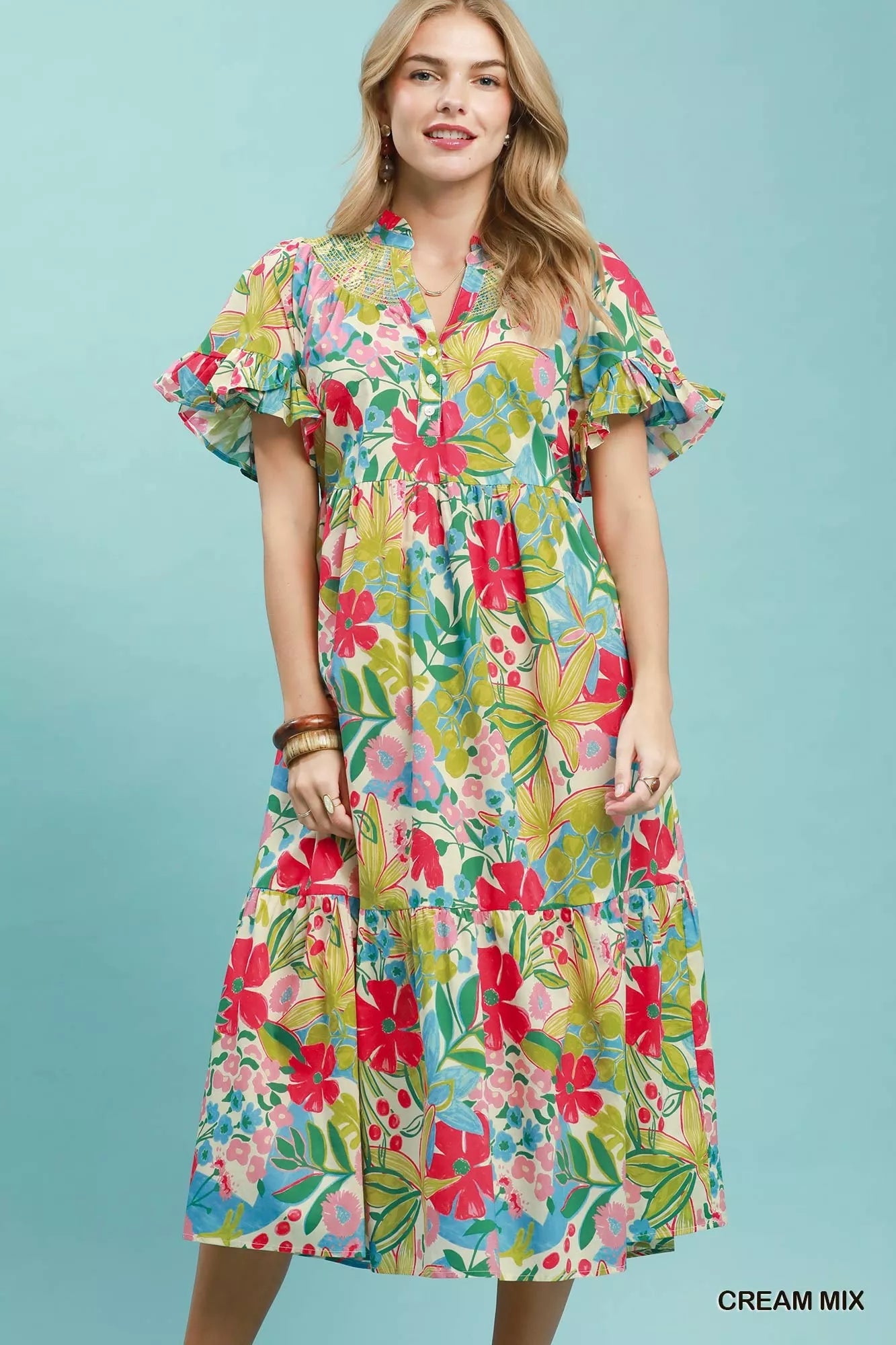umgee tropical floral Umgee Tropical Floral Ruffle Sleeve Tiered Midi Dress CREAM MIX (dress) - shop at us.meeeshop