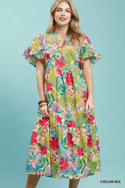 umgee tropical floral Umgee Tropical Floral Ruffle Sleeve Tiered Midi Dress CREAM MIX (dress) - shop at us.meeeshop