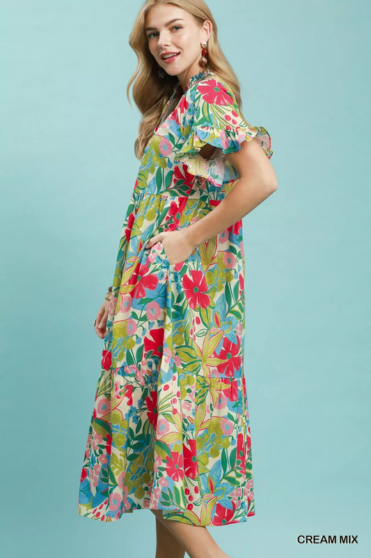 umgee tropical floral Umgee Tropical Floral Ruffle Sleeve Tiered Midi Dress view 2 (dress) - shop at us.meeeshop
