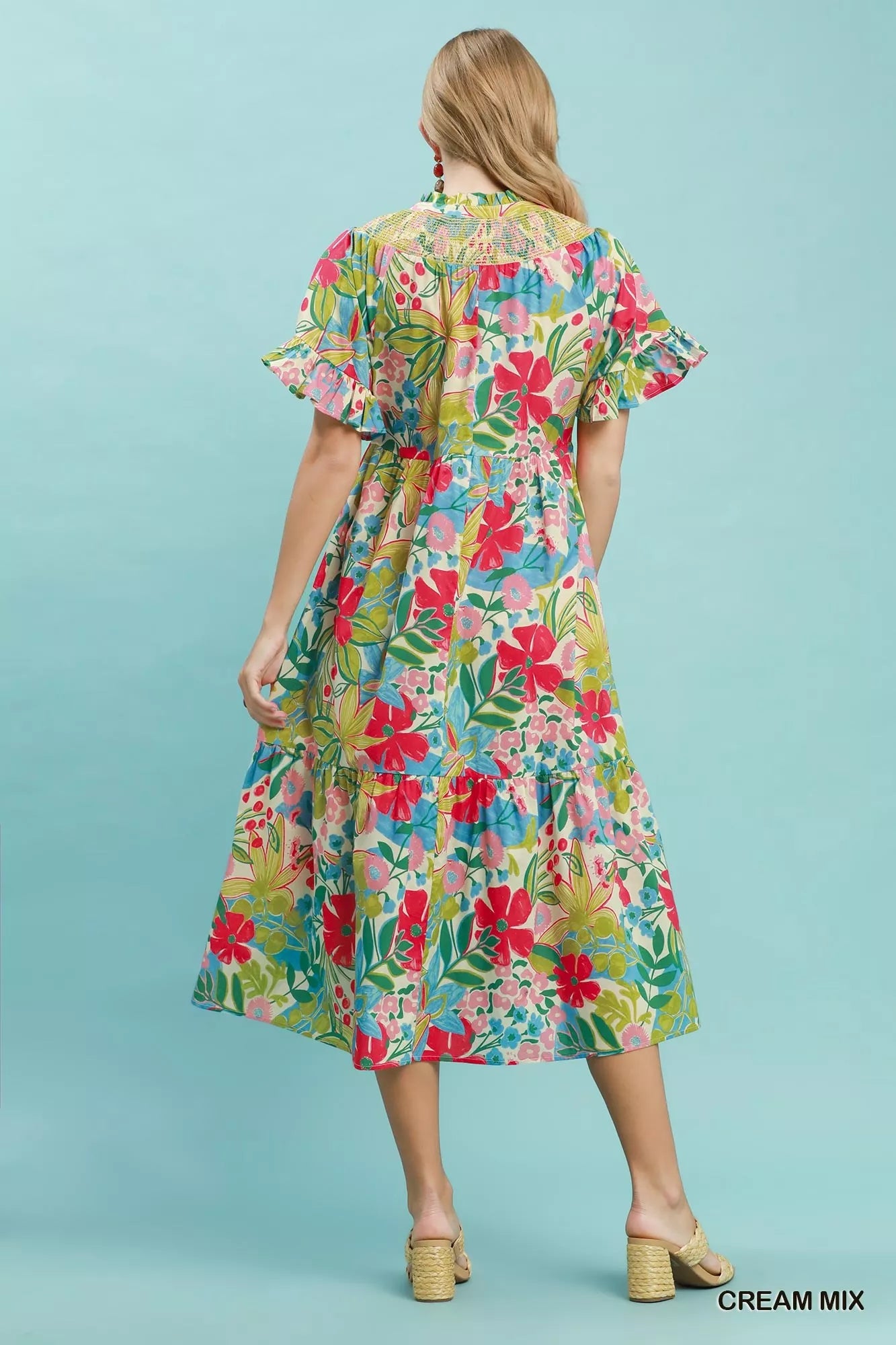 umgee tropical floral Umgee Tropical Floral Ruffle Sleeve Tiered Midi Dress view 3 (dress) - shop at us.meeeshop