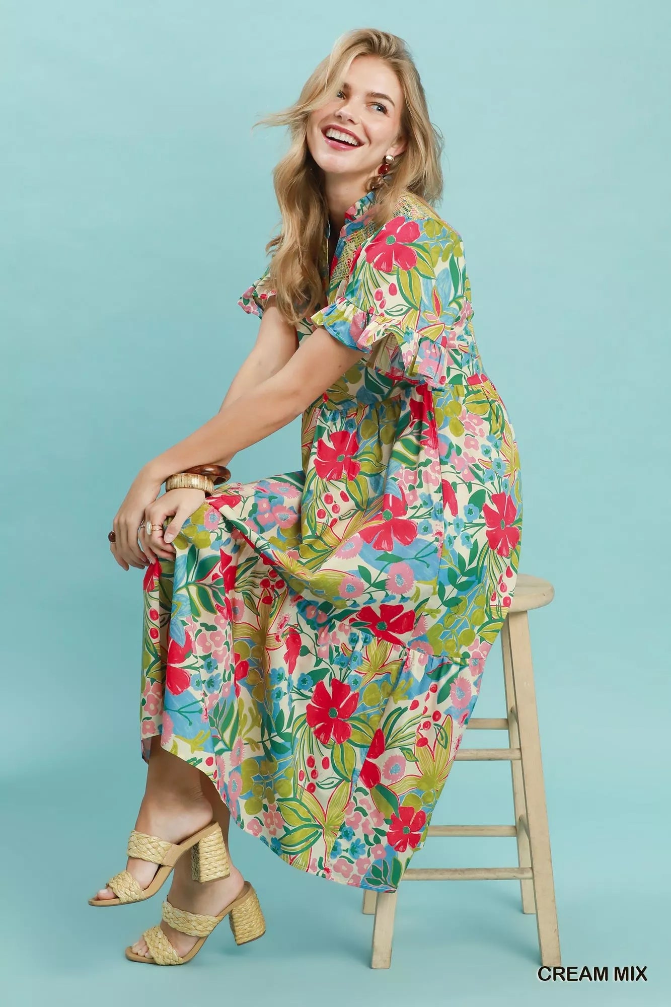 umgee tropical floral Umgee Tropical Floral Ruffle Sleeve Tiered Midi Dress view 4 (dress) - shop at us.meeeshop