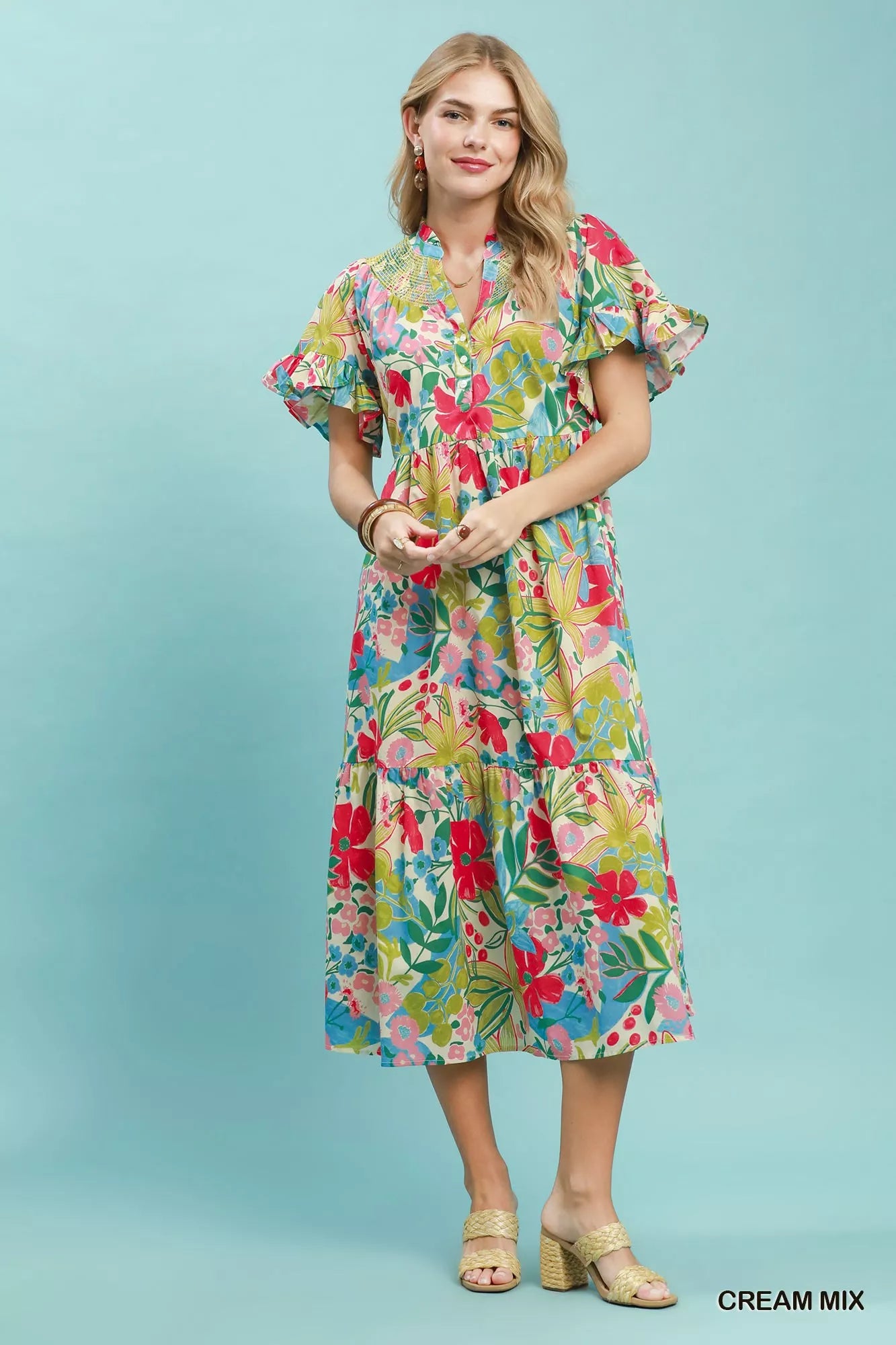 umgee tropical floral Umgee Tropical Floral Ruffle Sleeve Tiered Midi Dress view 5 (dress) - shop at us.meeeshop