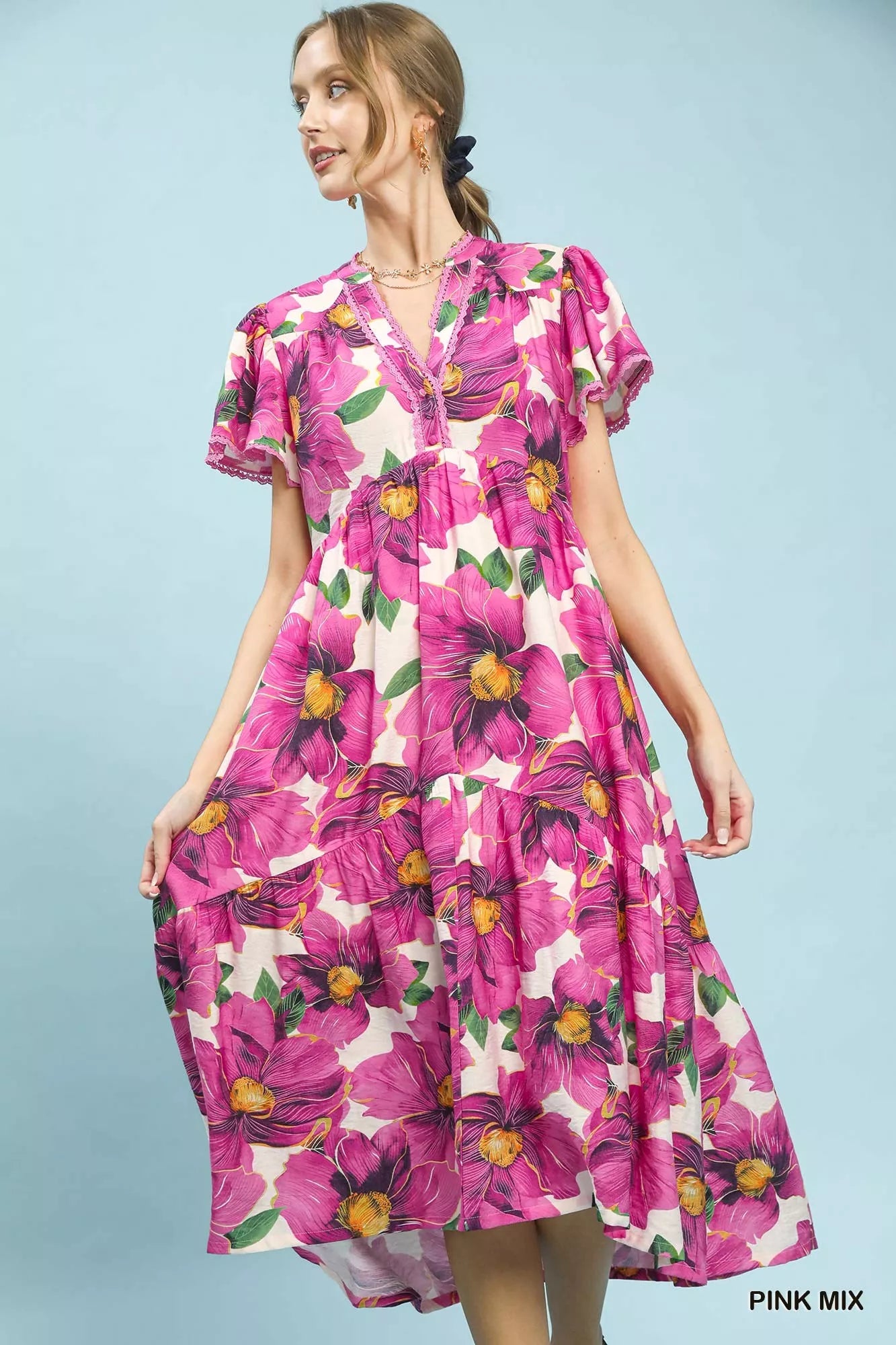 umgee tropical floral Umgee Tropical Floral V-neck Flutter Sleeve Tiered Midi Dress PINK MIX (dress) - shop at us.meeeshop