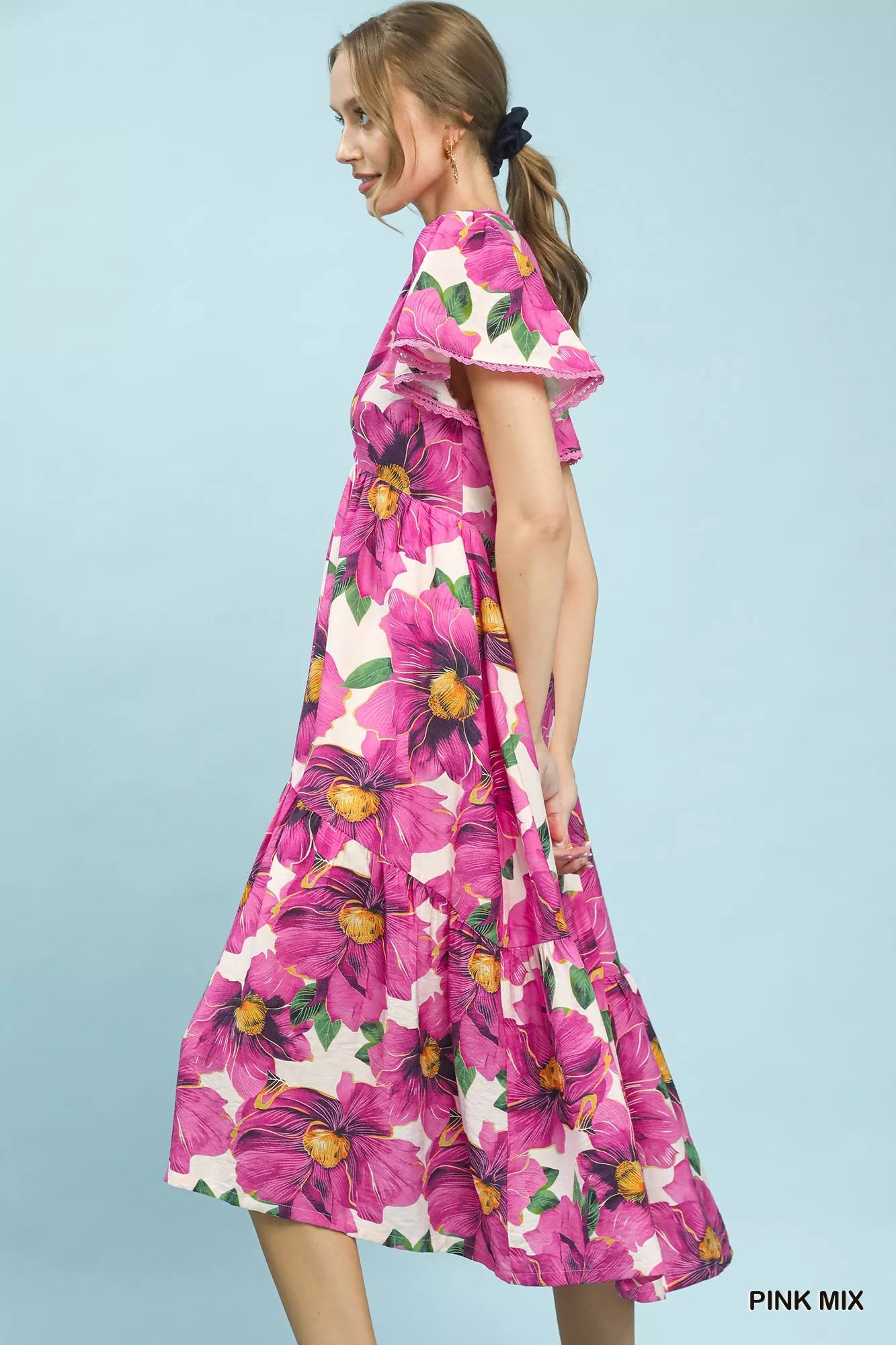 umgee tropical floral Umgee Tropical Floral V-neck Flutter Sleeve Tiered Midi Dress view 2 (dress) - shop at us.meeeshop