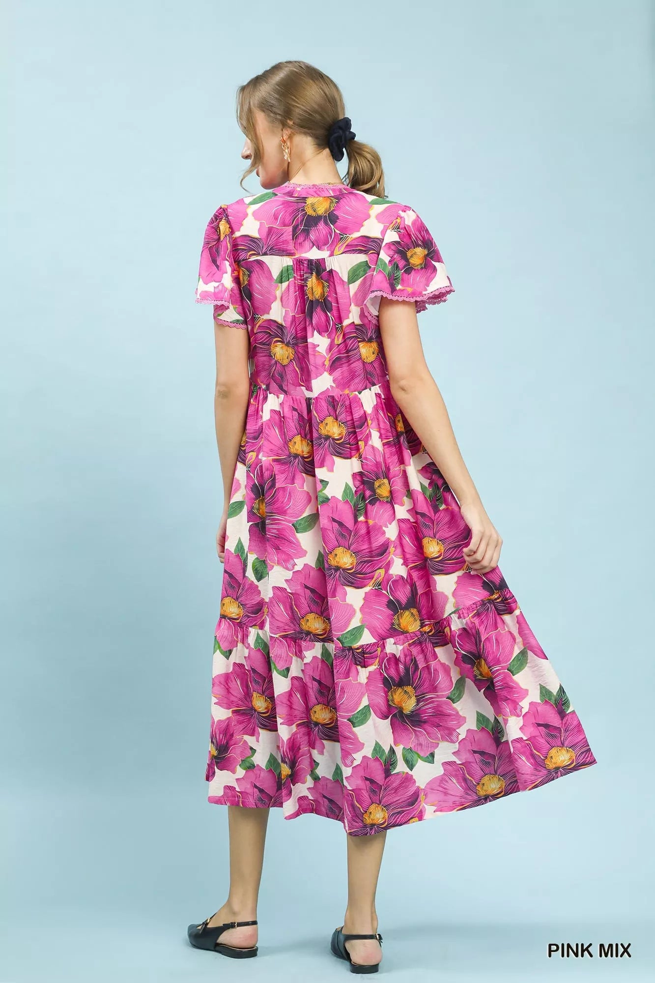 umgee tropical floral Umgee Tropical Floral V-neck Flutter Sleeve Tiered Midi Dress view 3 (dress) - shop at us.meeeshop