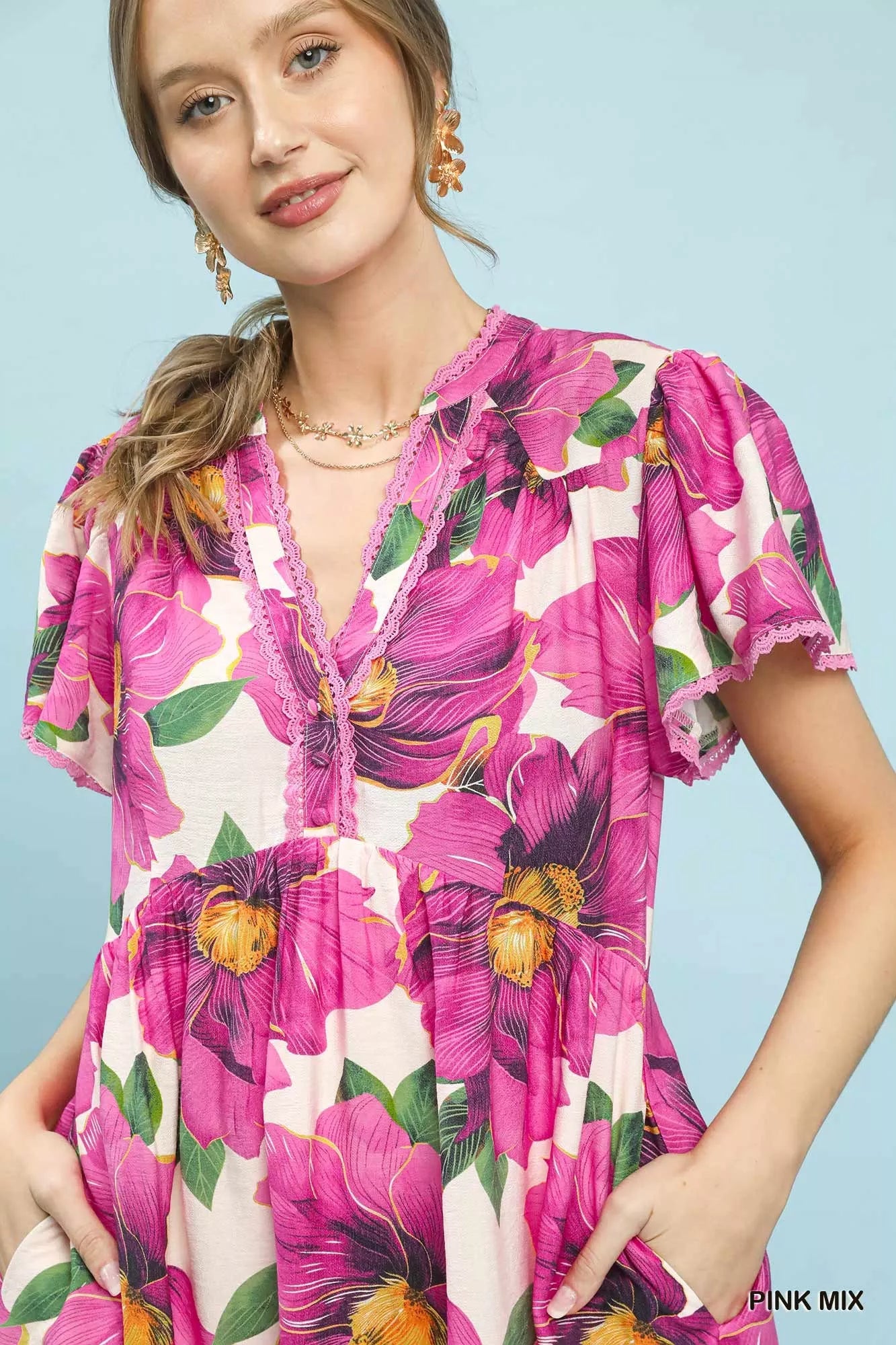 umgee tropical floral Umgee Tropical Floral V-neck Flutter Sleeve Tiered Midi Dress view 4 (dress) - shop at us.meeeshop