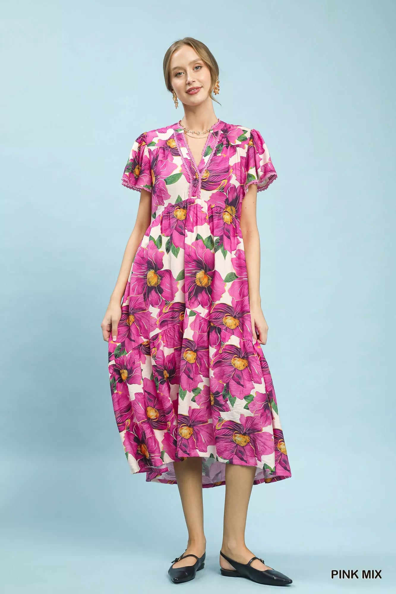 umgee tropical floral Umgee Tropical Floral V-neck Flutter Sleeve Tiered Midi Dress view 5 (dress) - shop at us.meeeshop