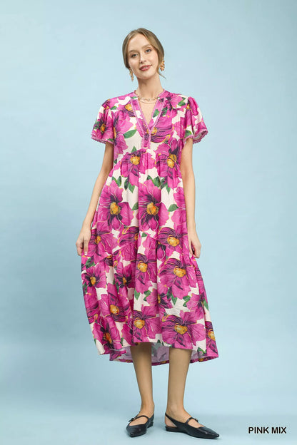 umgee tropical floral Umgee Tropical Floral V-neck Flutter Sleeve Tiered Midi Dress view 5 (dress) - shop at us.meeeshop