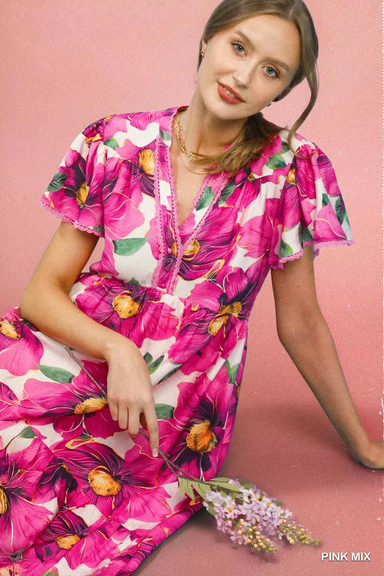 umgee tropical floral Umgee Tropical Floral V-neck Flutter Sleeve Tiered Midi Dress view 6 (dress) - shop at us.meeeshop