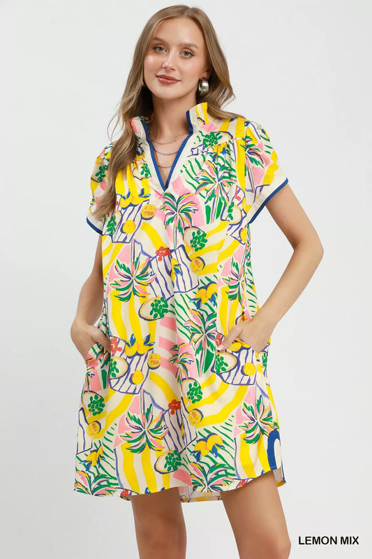 umgee tropical print Umgee Tropical Print Collared Shift Dress LEMON MIX (dress) - shop at us.meeeshop