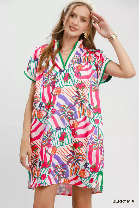 umgee tropical print Umgee Tropical Print Collared Shift Dress BERRY MIX (dress) - shop at us.meeeshop