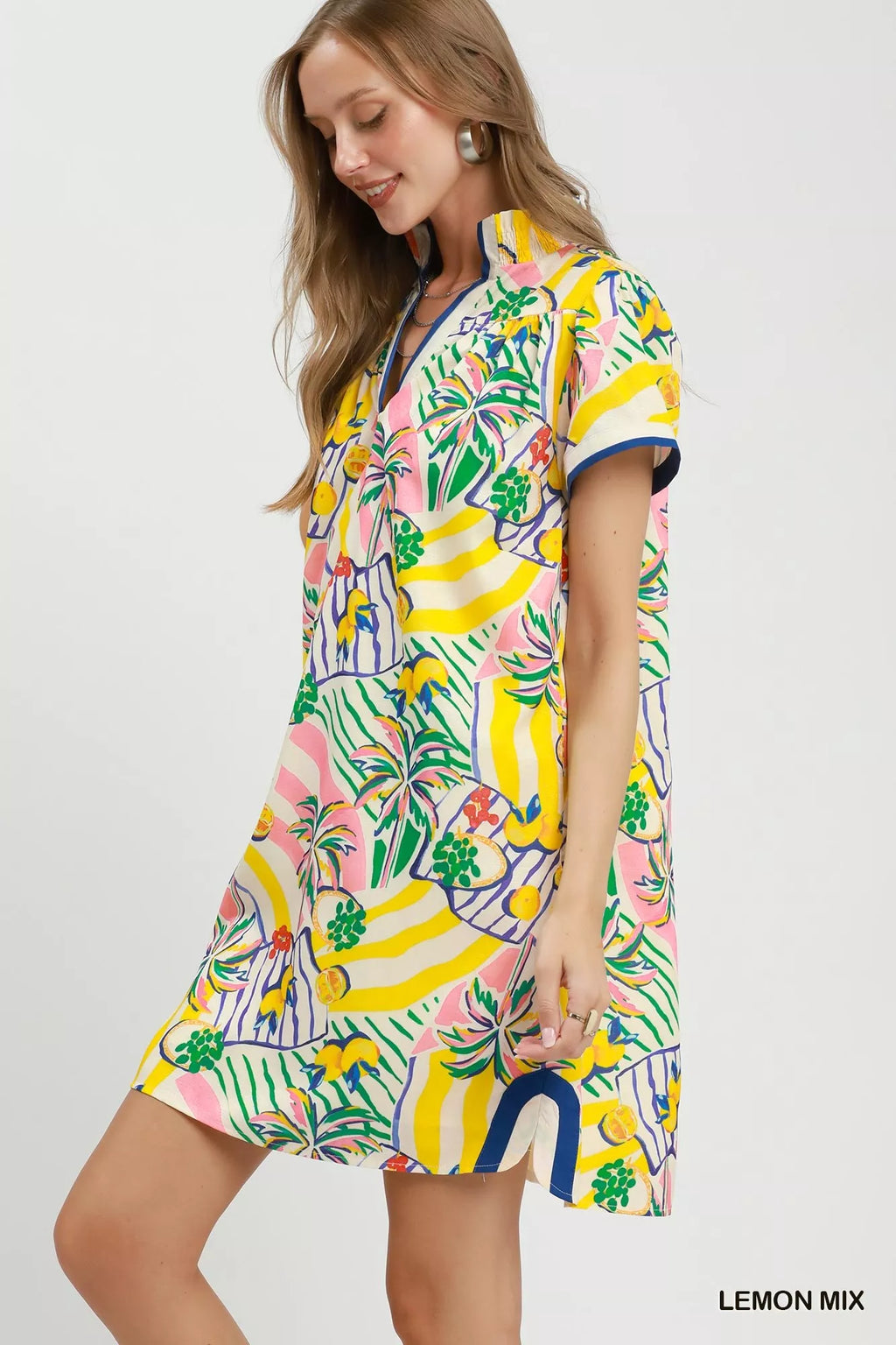 Umgee Tropical Print Collared Shift Dress LEMON MIX view 2 (dress) - umgee floral dress, umgee tropical - shop at us.meeeshop