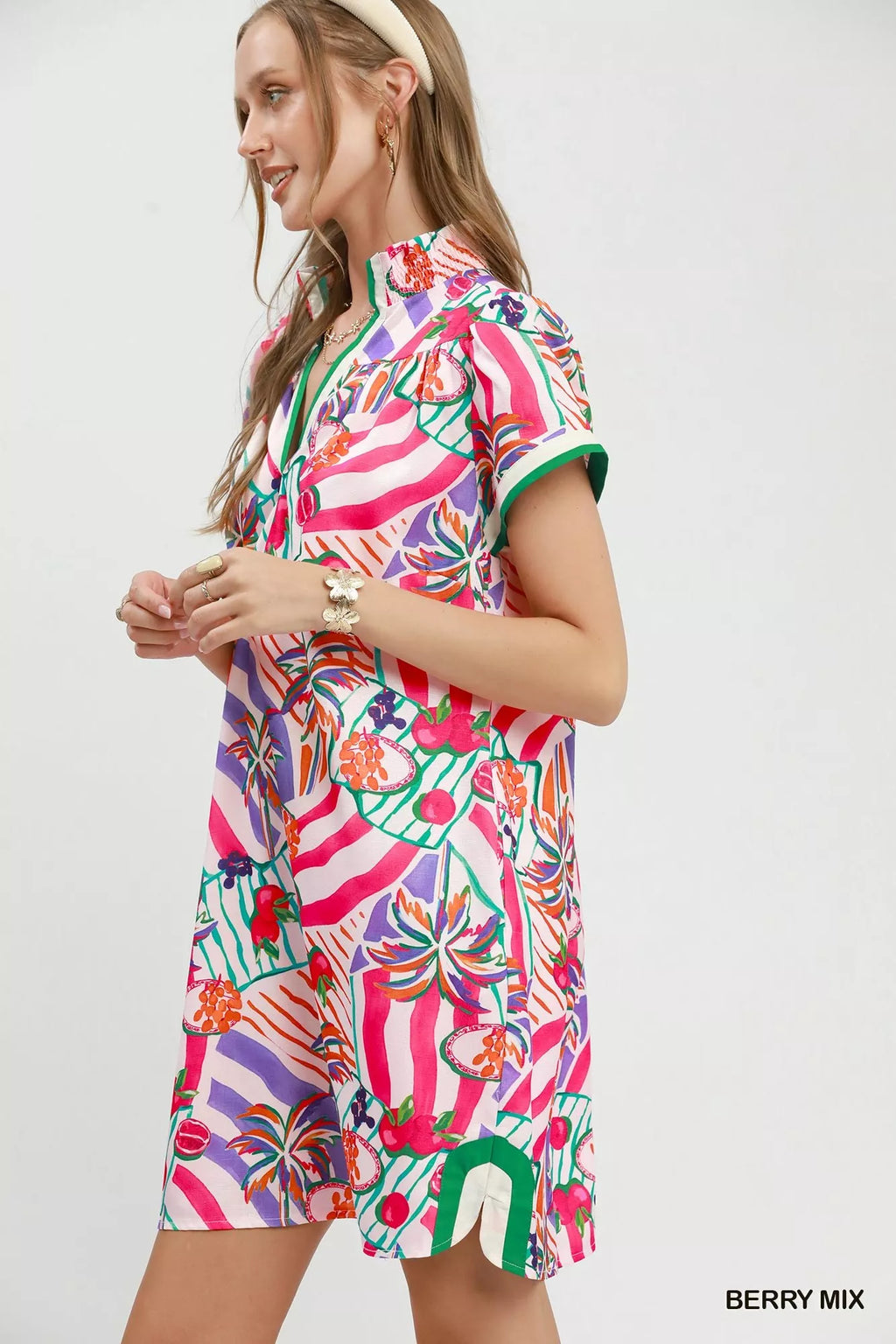 Umgee Tropical Print Collared Shift Dress BERRY MIX view 2 (dress) - umgee floral dress, umgee tropical - shop at us.meeeshop