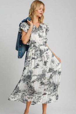 Umgee Two Tone Landscape Print Midi Dress Plus Size