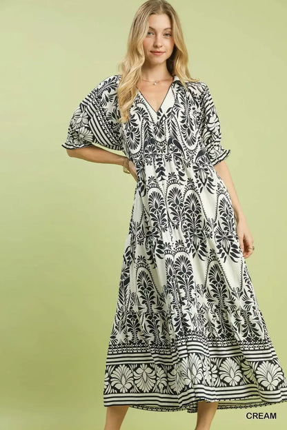 umgee two tone Umgee Two Tone Border Print Midi Dress CREAM (dress) - shop at us.meeeshop