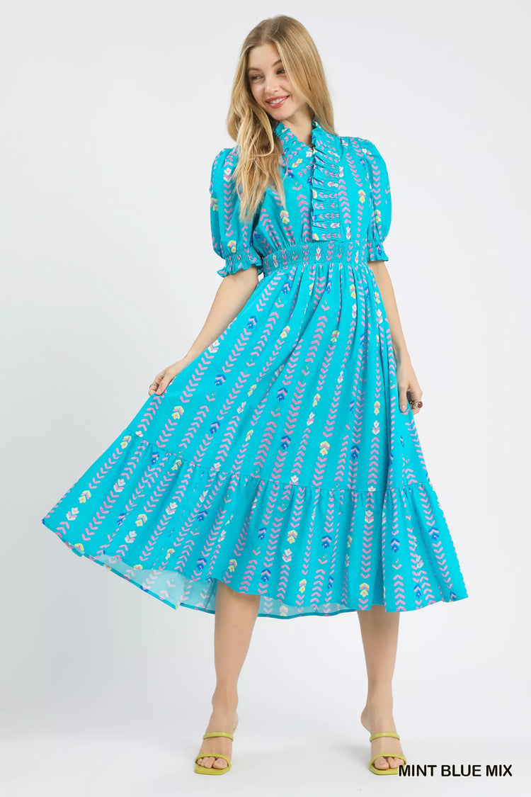 Umgee Vibrant Ruffle Smocked Midi Dress MINT BLUE MIX (dress) - midi dress, smocked midi dress - shop at us.meeeshop