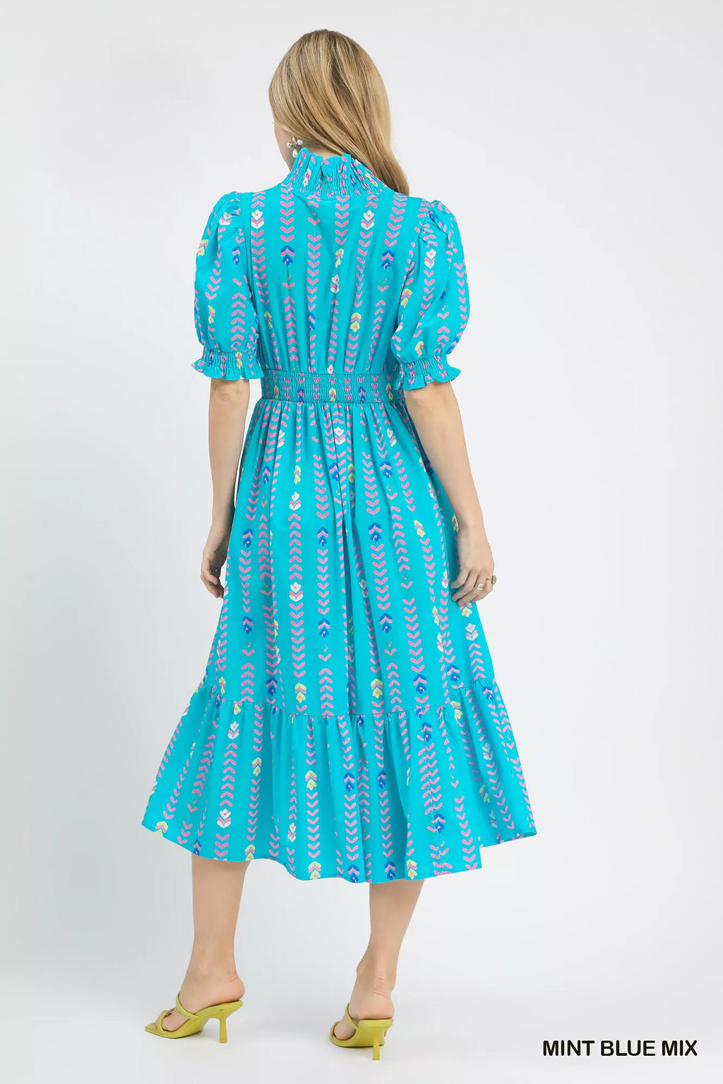 Umgee Vibrant Ruffle Smocked Midi Dress MINT BLUE MIX view 2 (dress) - midi dress, smocked midi dress - shop at us.meeeshop