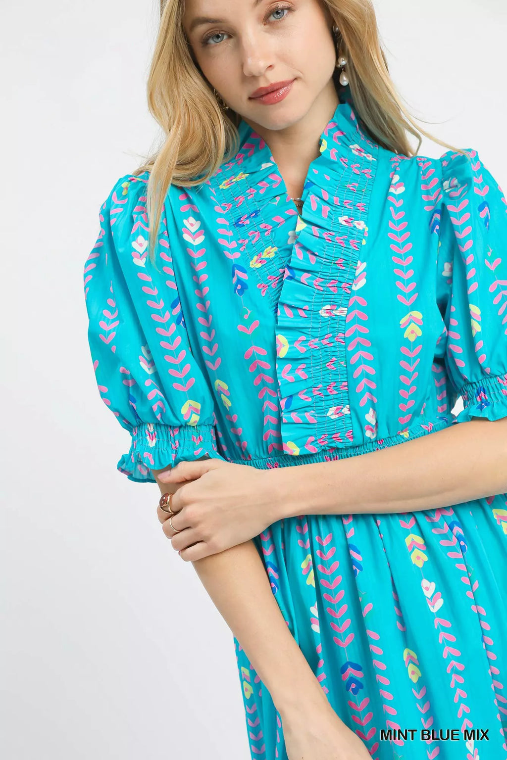 Umgee Vibrant Ruffle Smocked Midi Dress MINT BLUE MIX view 3 (dress) - midi dress, smocked midi dress - shop at us.meeeshop