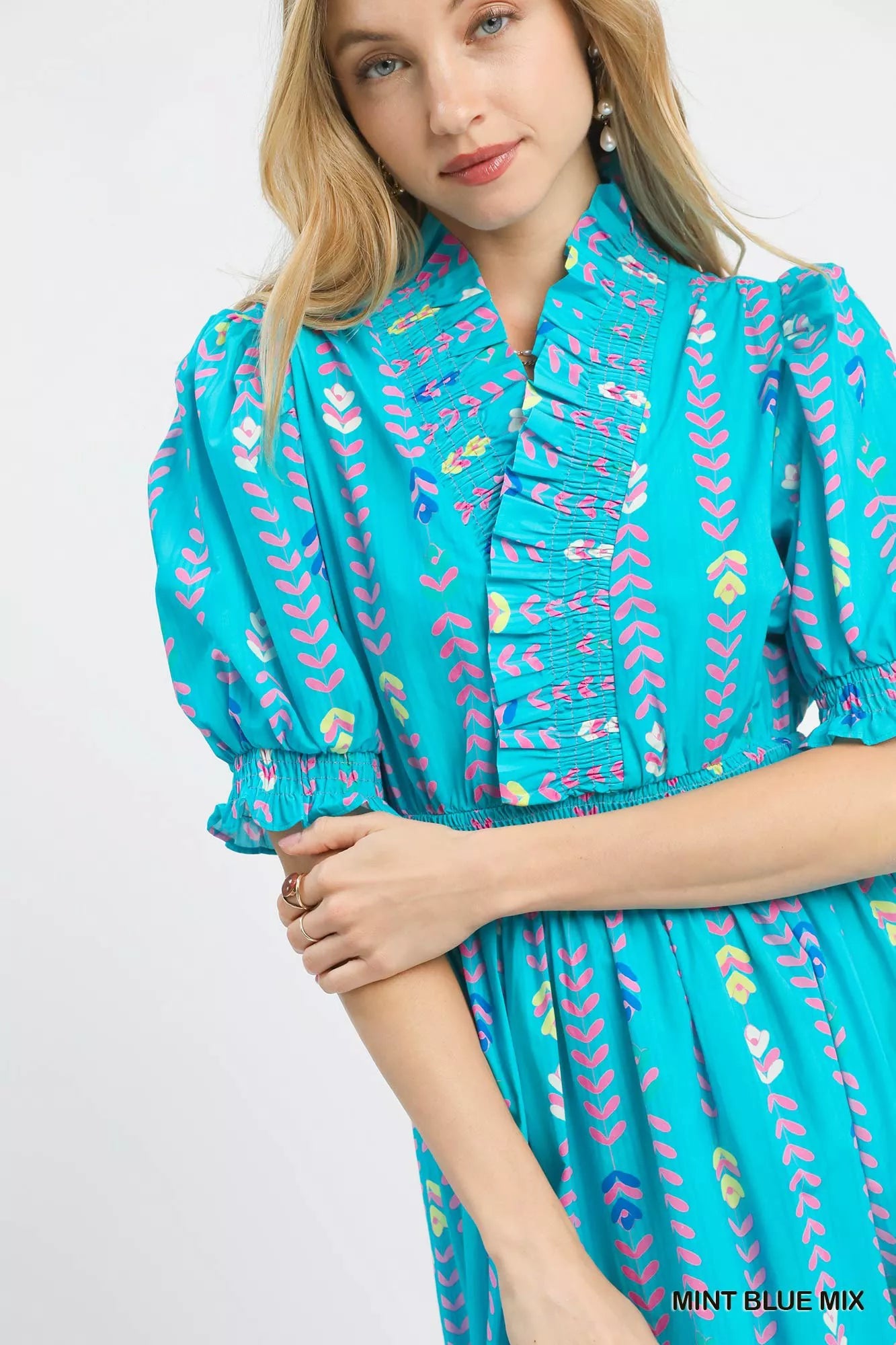 Umgee Vibrant Ruffle Smocked Midi Dress MINT BLUE MIX view 3 (dress) - midi dress, smocked midi dress - shop at us.meeeshop