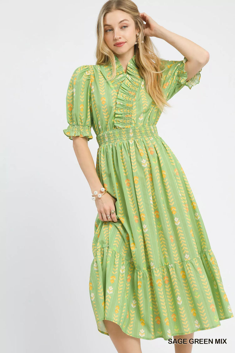 Umgee Vibrant Ruffle Smocked Midi Dress SAGE GREEN MIX (dress) - midi dress, smocked midi dress - shop at us.meeeshop