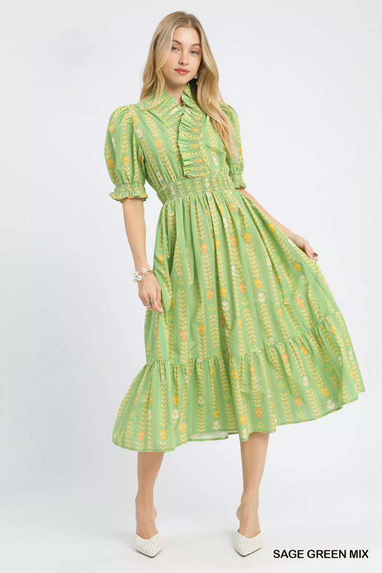 Umgee Vibrant Ruffle Smocked Midi Dress SAGE GREEN MIX view 2 (dress) - midi dress, smocked midi dress - shop at us.meeeshop