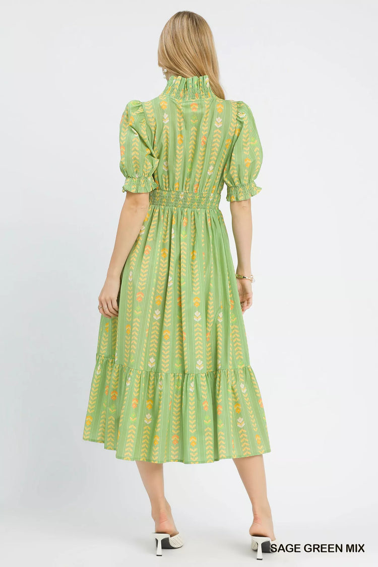 Umgee Vibrant Ruffle Smocked Midi Dress SAGE GREEN MIX view 3 (dress) - midi dress, smocked midi dress - shop at us.meeeshop