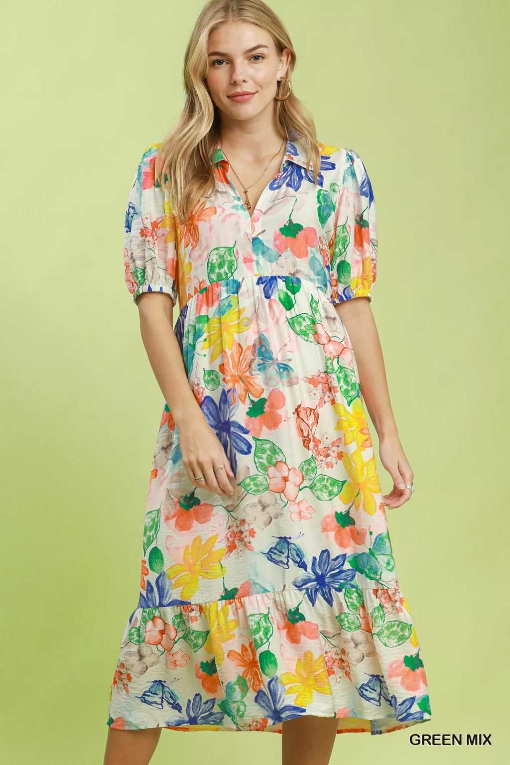 Umgee Watercolor Floral Tiered Midi Dress GREEN MIX (dress) - can you use watercolor on clothes, how to - shop at us.meeeshop