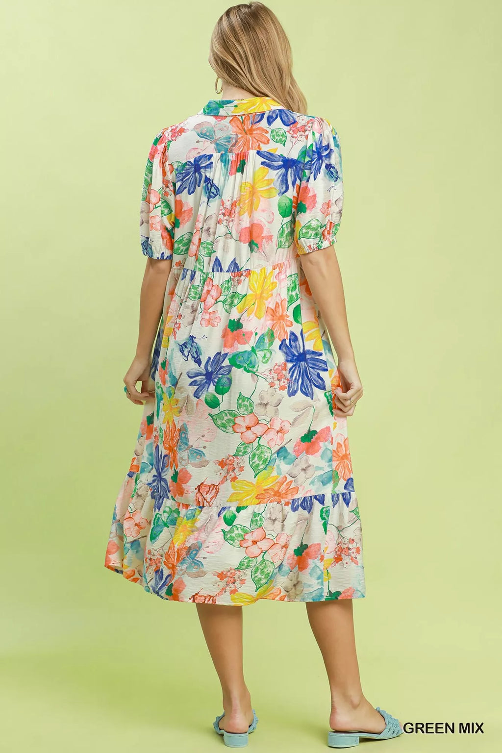 Umgee Watercolor Floral Tiered Midi Dress GREEN MIX view 3 (dress) - can you use watercolor on clothes, - shop at us.meeeshop