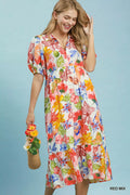 Umgee Watercolor Floral Tiered Midi Dress RED MIX (dress) - can you use watercolor on clothes, how to p - shop at us.meeeshop