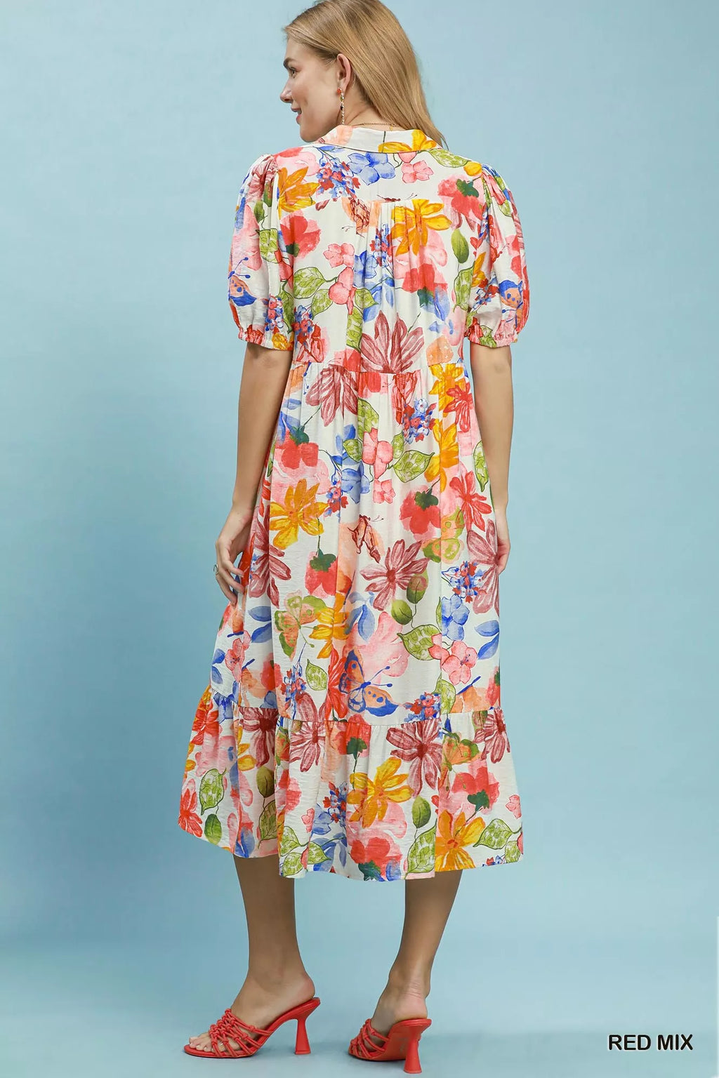 Umgee Watercolor Floral Tiered Midi Dress RED MIX view 3 (dress) - can you use watercolor on clothes, h - shop at us.meeeshop